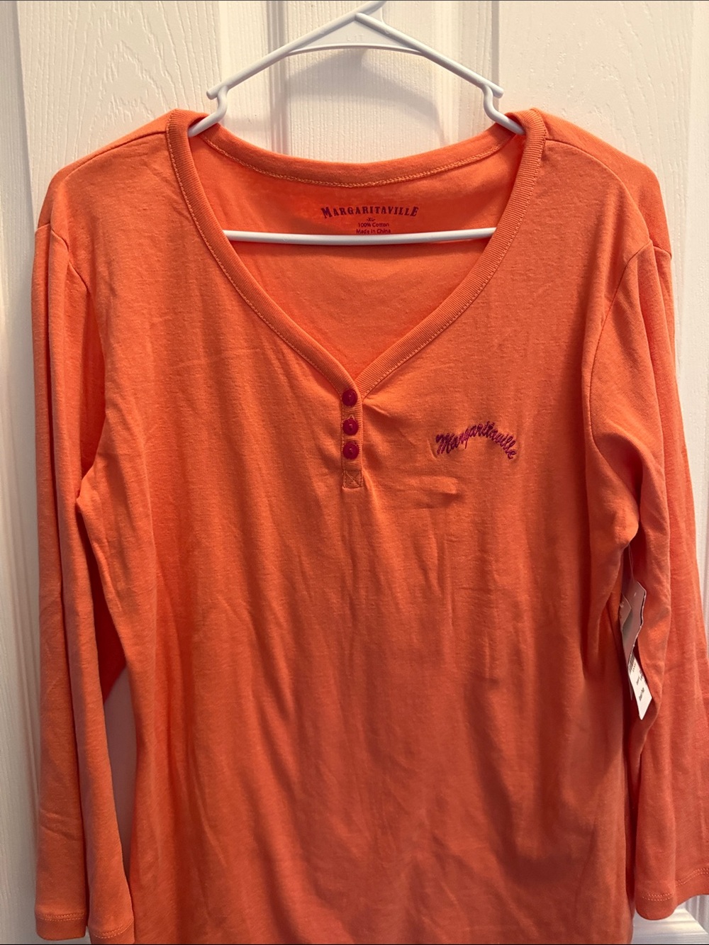 Margaritaville Orange V-Neck Henley with Pink Embroidery
